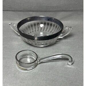 Vintage Serving Bowl & Mayonnaise Spoon Art Deco Silver Rim Depression Glass-UV